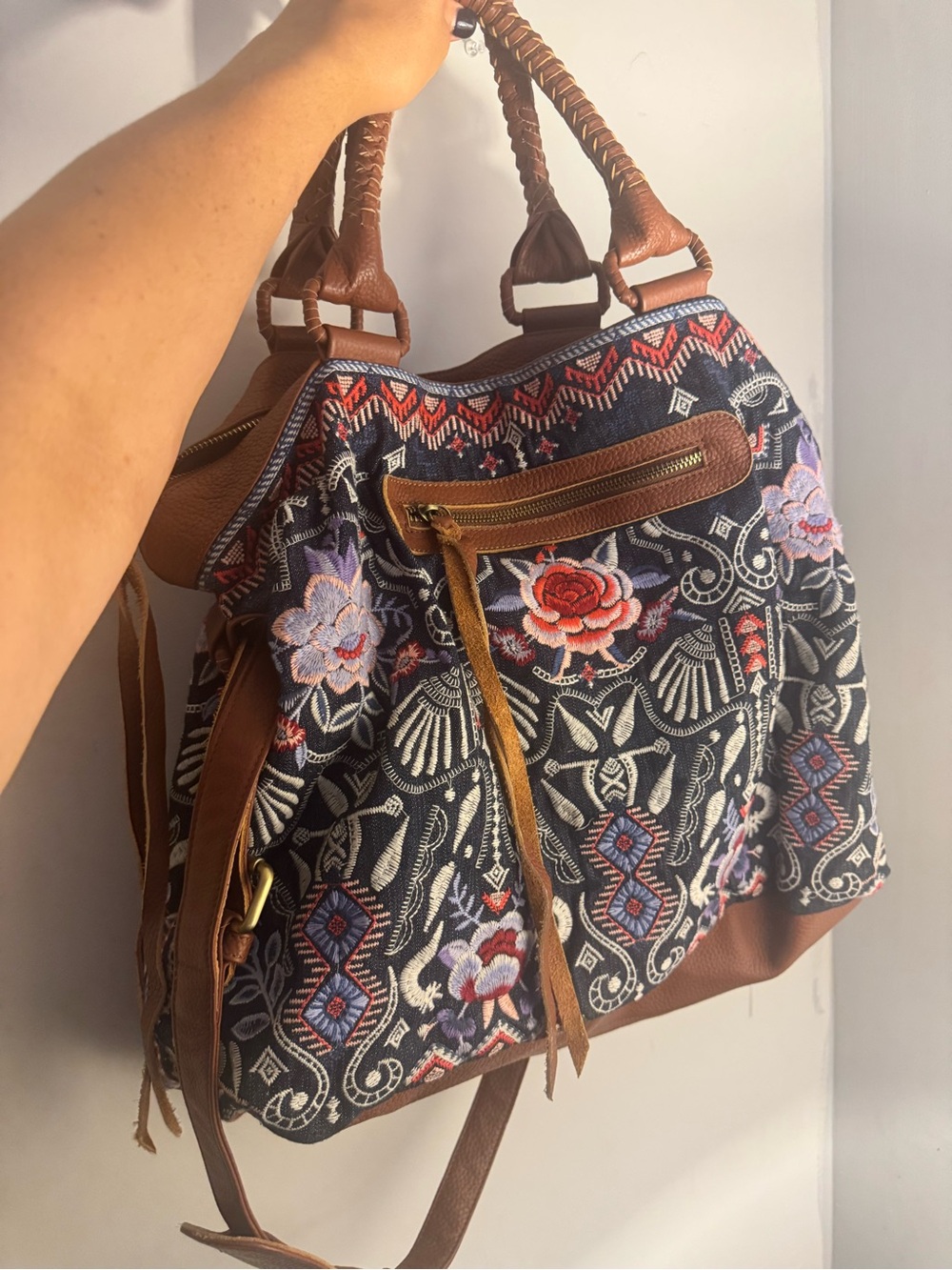Johnny Was Navy Denim Embroidered Floral Weekender Bag with Brown Trim - Picture 2 of 13